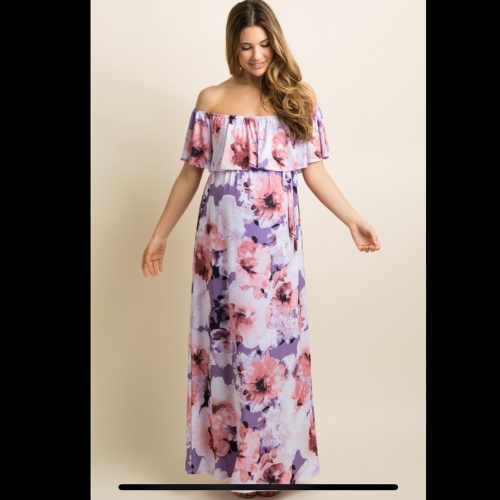Lavender Floral Ruffle Sash Tie Maxi Maternity Dre